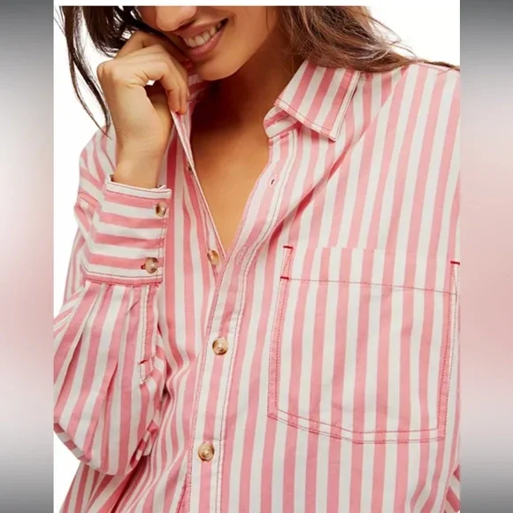 Large Freddy Shirt Free People - We The Free Red (pink ish) White Striped Shirt - Picture 11 of 14